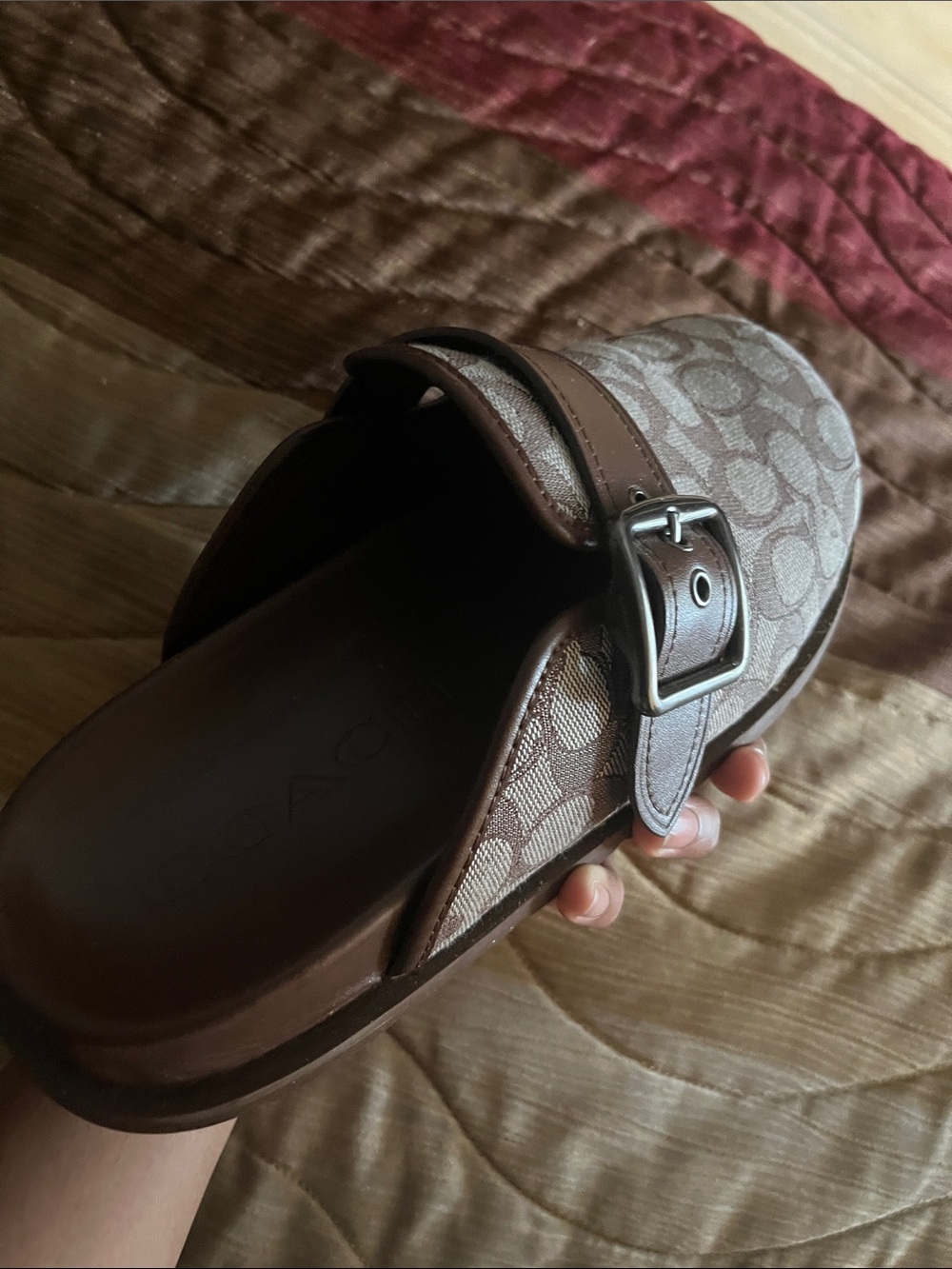 Coach Mens Brown Signature Logo Slide Sandal with Buckle